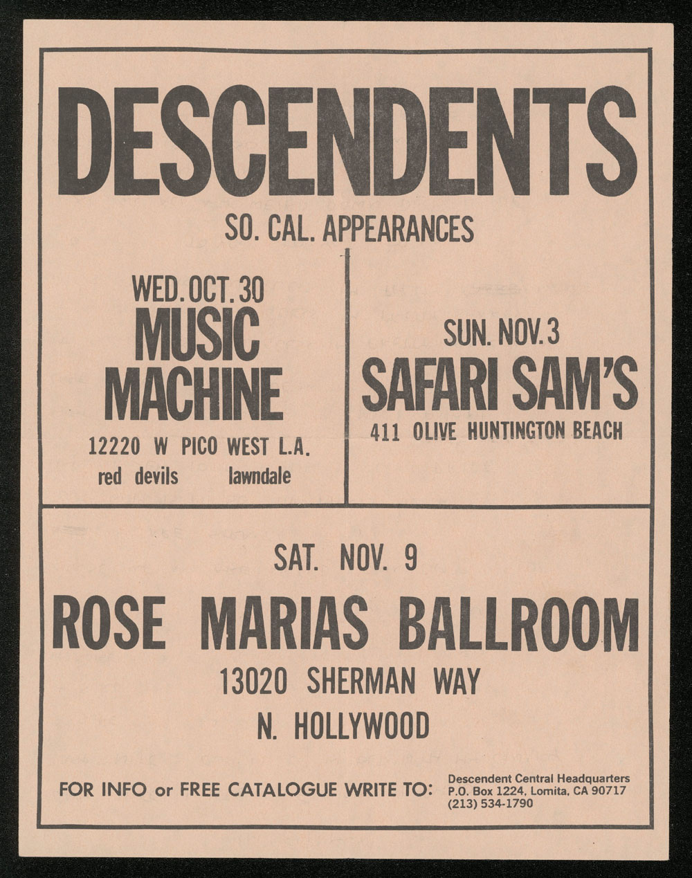 DESCENDENTS at Music Machine, Safari Sam's, Rose Maria's Ballroom